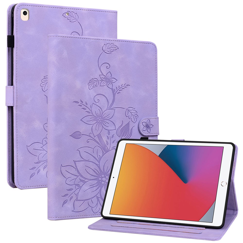 For iPad 10.2 (2021) / (2019) / (2020) Protective Case Anti-Drop Imprint PU Leather Tablet Cover - Purple