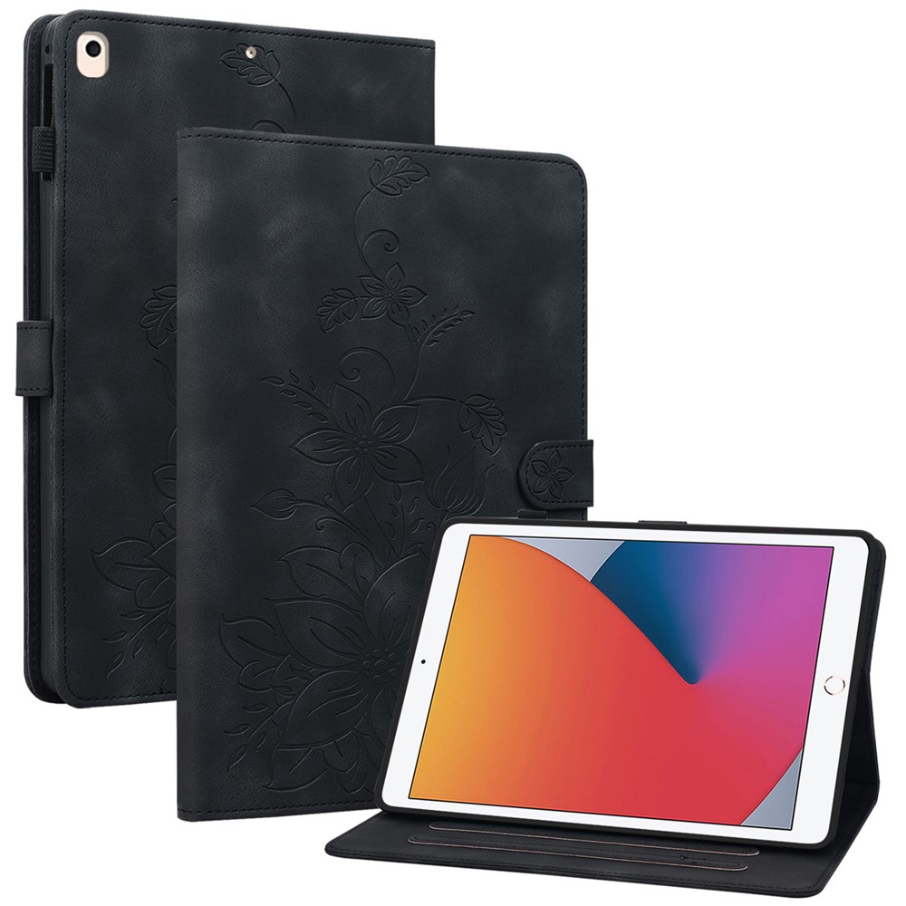 For iPad 10.2 (2021) / (2019) / (2020) Protective Case Anti-Drop Imprint PU Leather Tablet Cover - Black