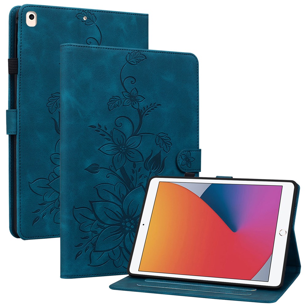 For iPad 10.2 (2021) / (2019) / (2020) Protective Case Anti-Drop Imprint PU Leather Tablet Cover - Blue