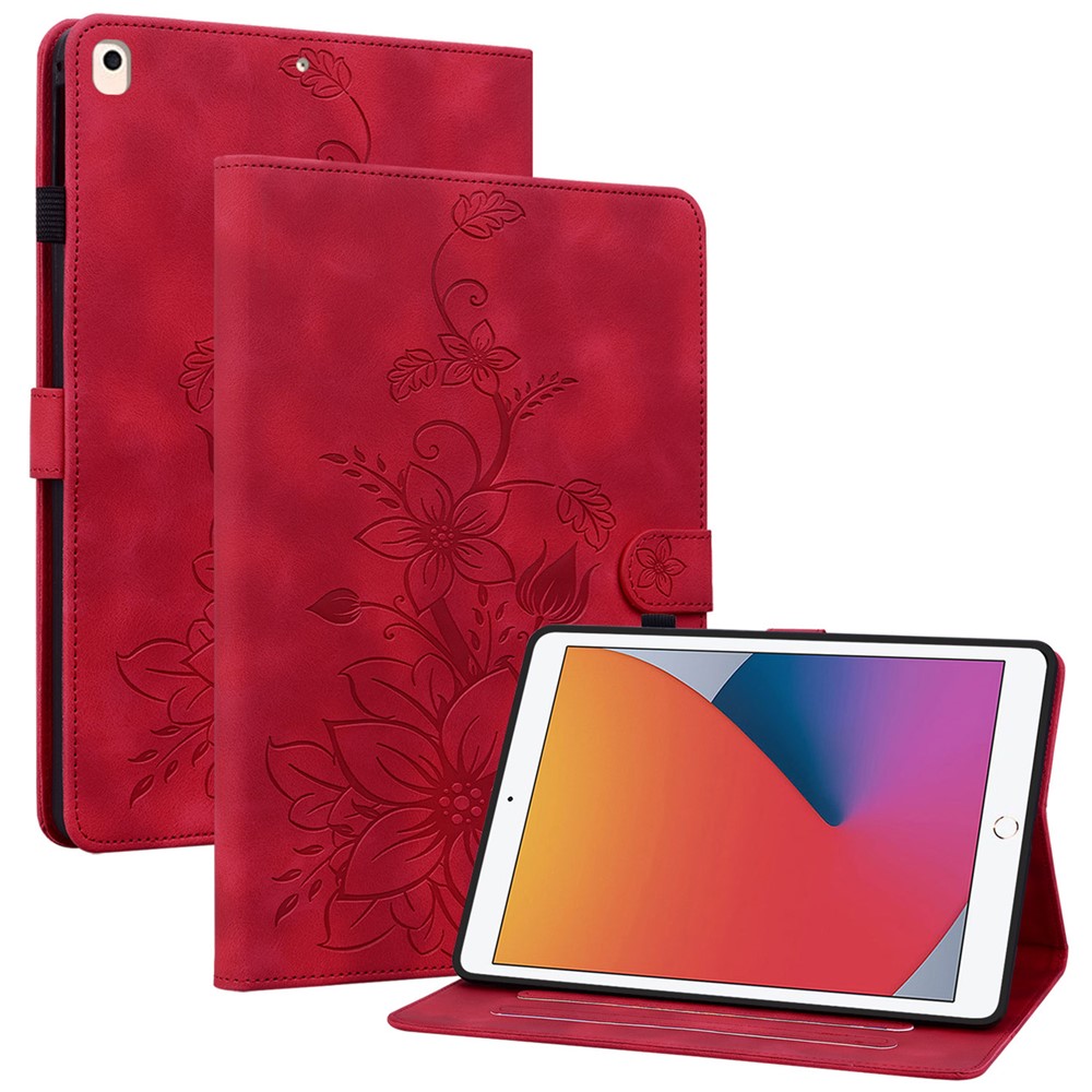 For iPad 10.2 (2021) / (2019) / (2020) Protective Case Anti-Drop Imprint PU Leather Tablet Cover - Red
