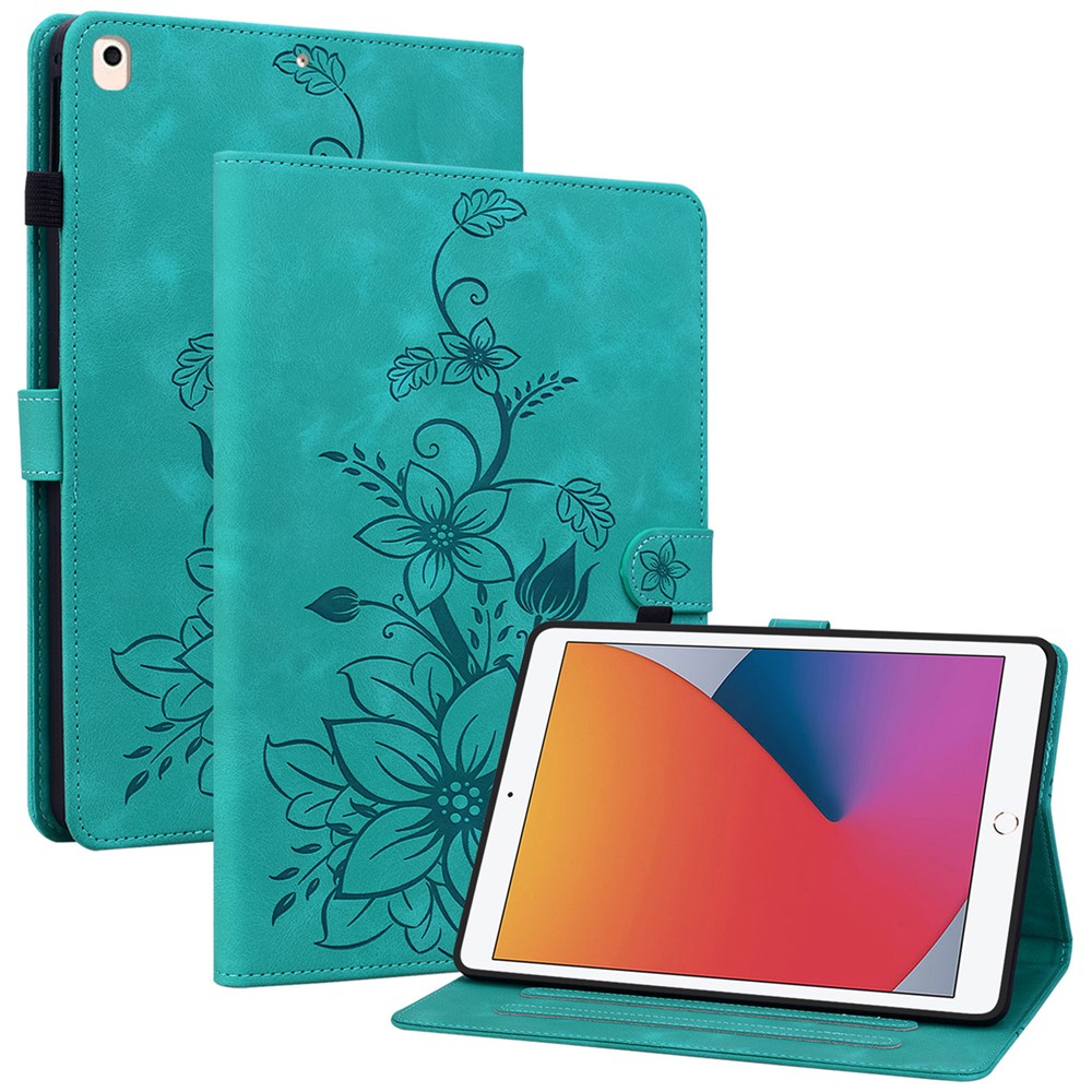 For iPad 10.2 (2021) / (2019) / (2020) Protective Case Anti-Drop Imprint PU Leather Tablet Cover - Green