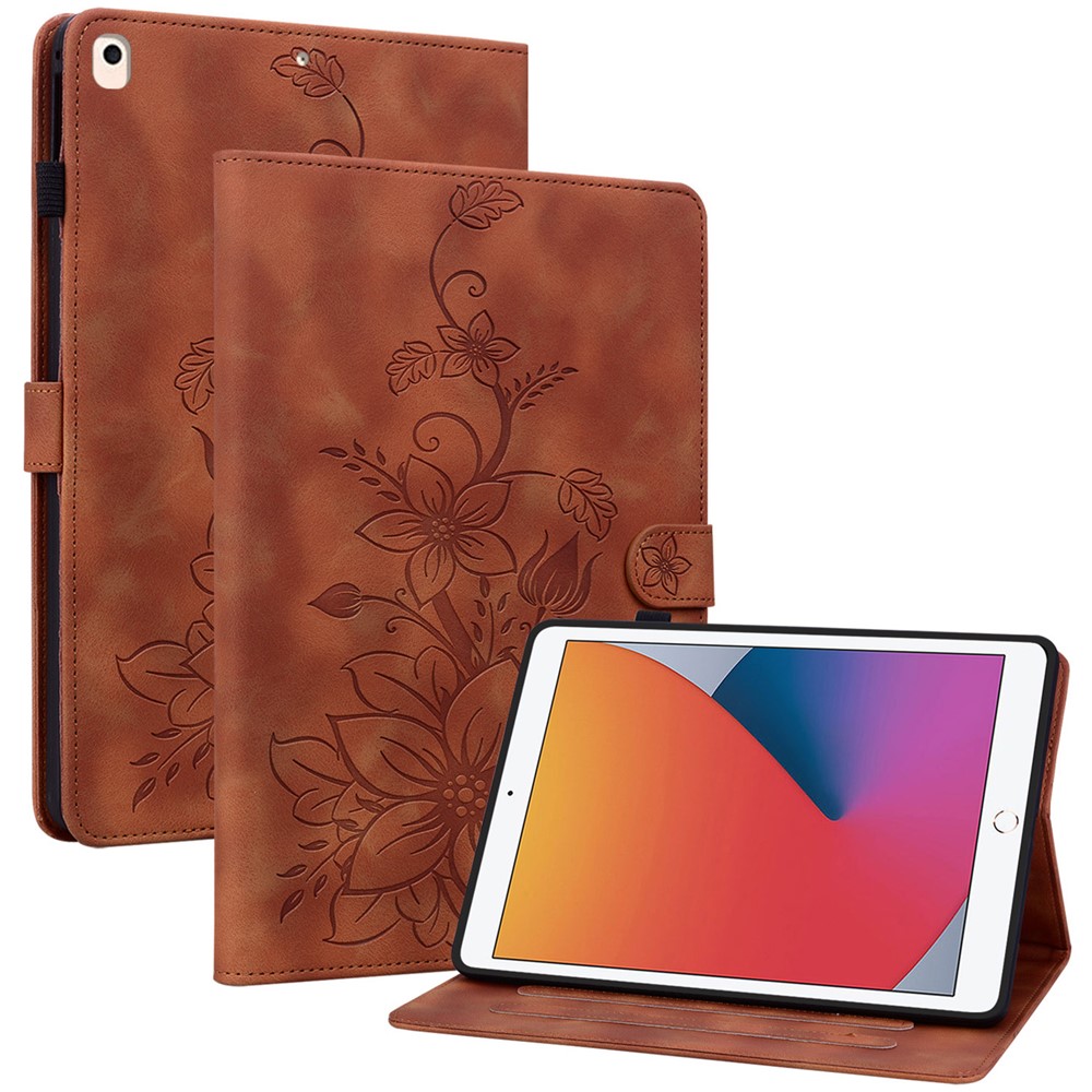For iPad 10.2 (2021) / (2019) / (2020) Protective Case Anti-Drop Imprint PU Leather Tablet Cover - Brown