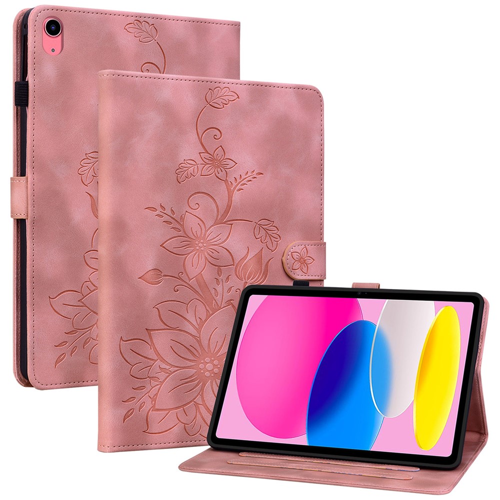 For iPad (2025) / 10.9 (2022) Stand Case Lily Flower Imprinted Leather Drop-Resistant Protective Cover - Pink