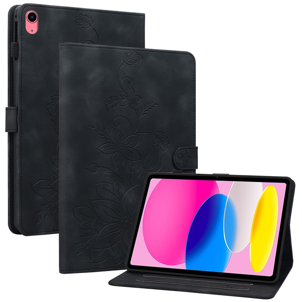 For iPad (2025) / 10.9 (2022) Stand Case Lily Flower Imprinted Leather Drop-Resistant Protective Cover - Black