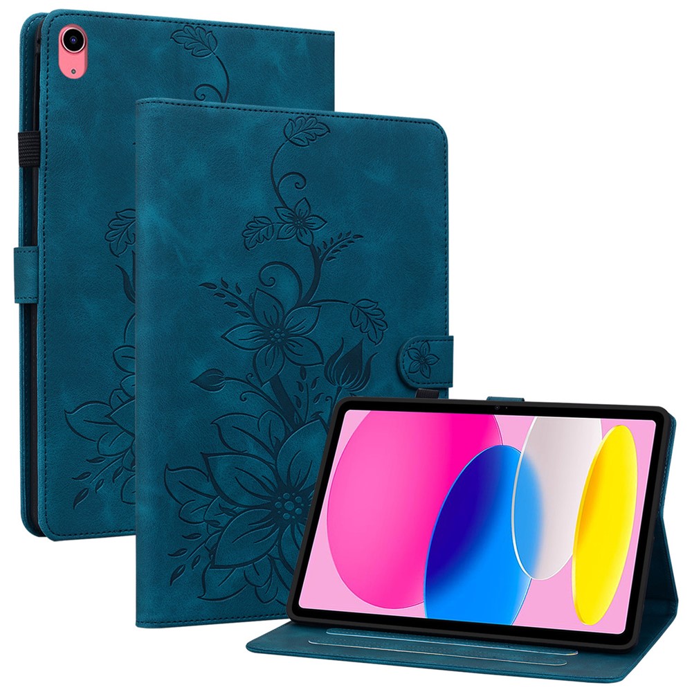 For iPad (2025) / 10.9 (2022) Stand Case Lily Flower Imprinted Leather Drop-Resistant Protective Cover - Blue