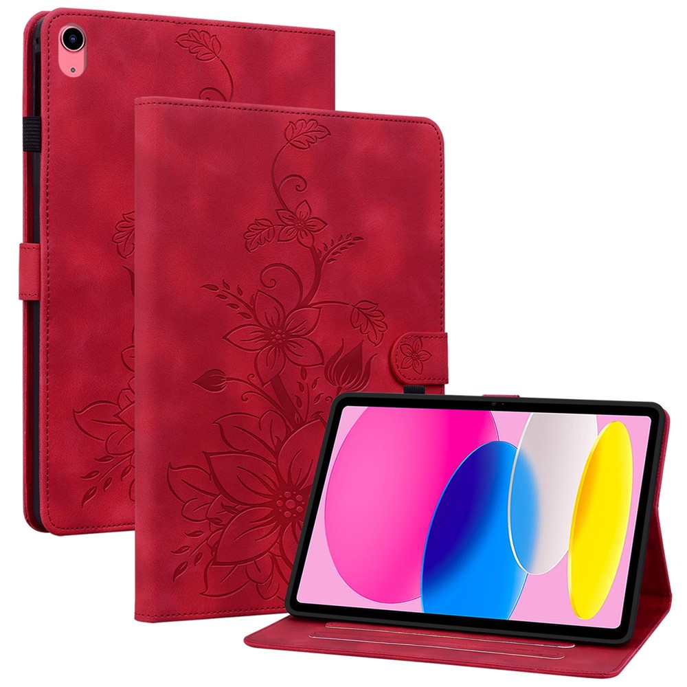 For iPad (2025) / 10.9 (2022) Stand Case Lily Flower Imprinted Leather Drop-Resistant Protective Cover - Red