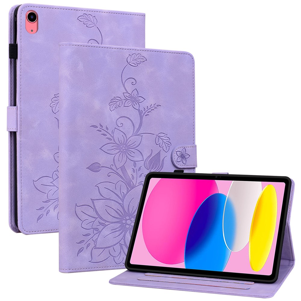 For iPad (2025) / 10.9 (2022) Stand Case Lily Flower Imprinted Leather Drop-Resistant Protective Cover - Purple