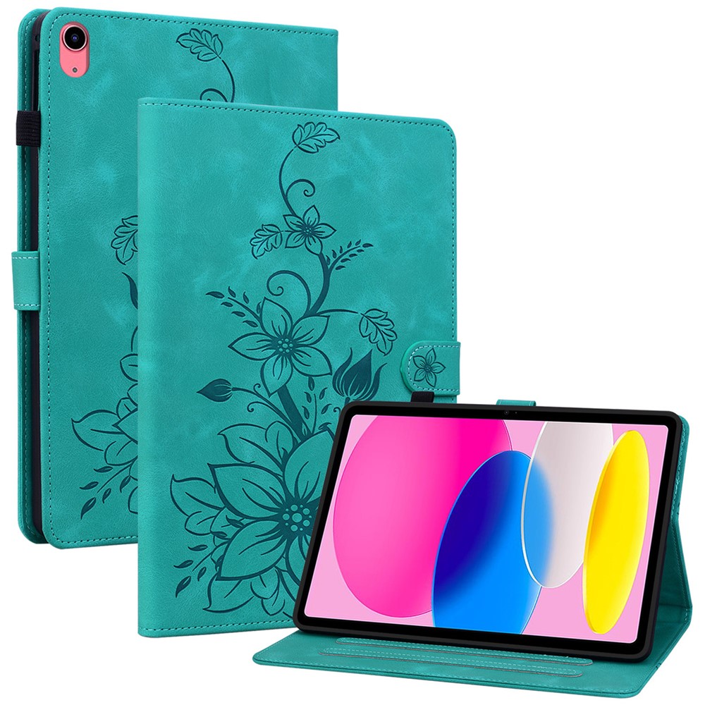 For iPad (2025) / 10.9 (2022) Stand Case Lily Flower Imprinted Leather Drop-Resistant Protective Cover - Green