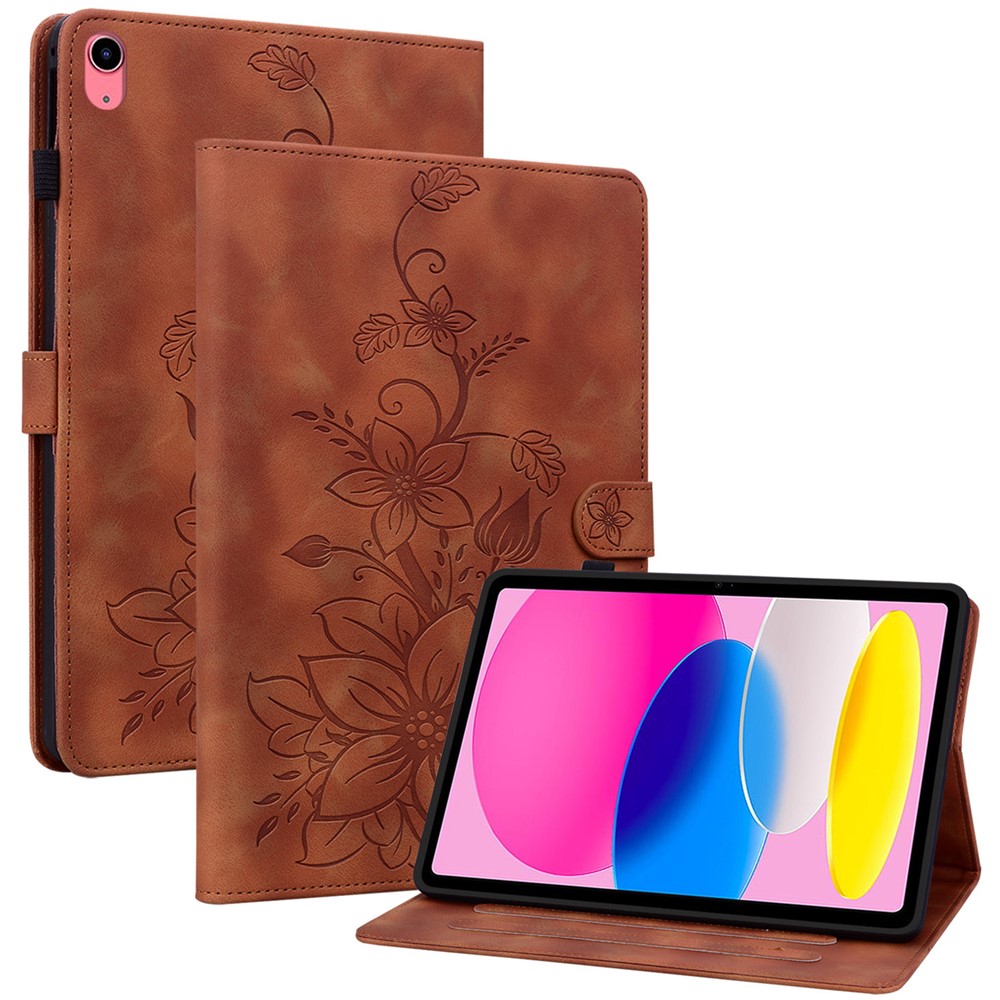 For iPad (2025) / 10.9 (2022) Stand Case Lily Flower Imprinted Leather Drop-Resistant Protective Cover - Brown