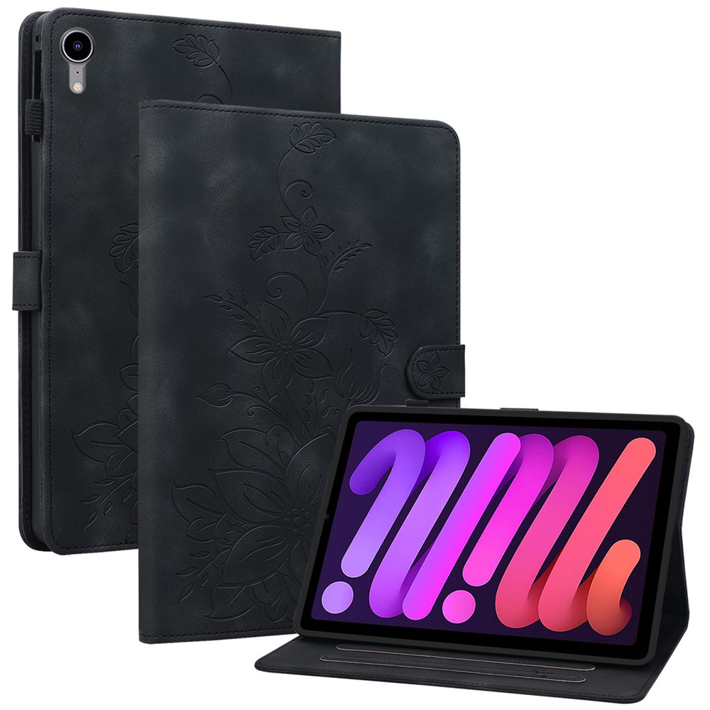 For iPad mini (2024) / mini (2021) Case Lily Flower Design PU Leather Stand Tablet Cover - Black
