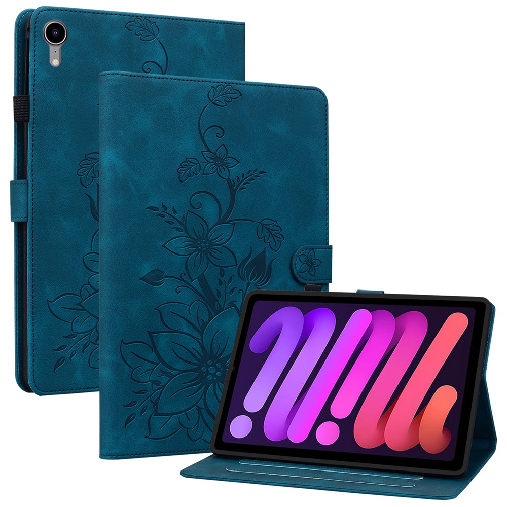 For iPad mini (2024) / mini (2021) Case Lily Flower Design PU Leather Stand Tablet Cover - Blue