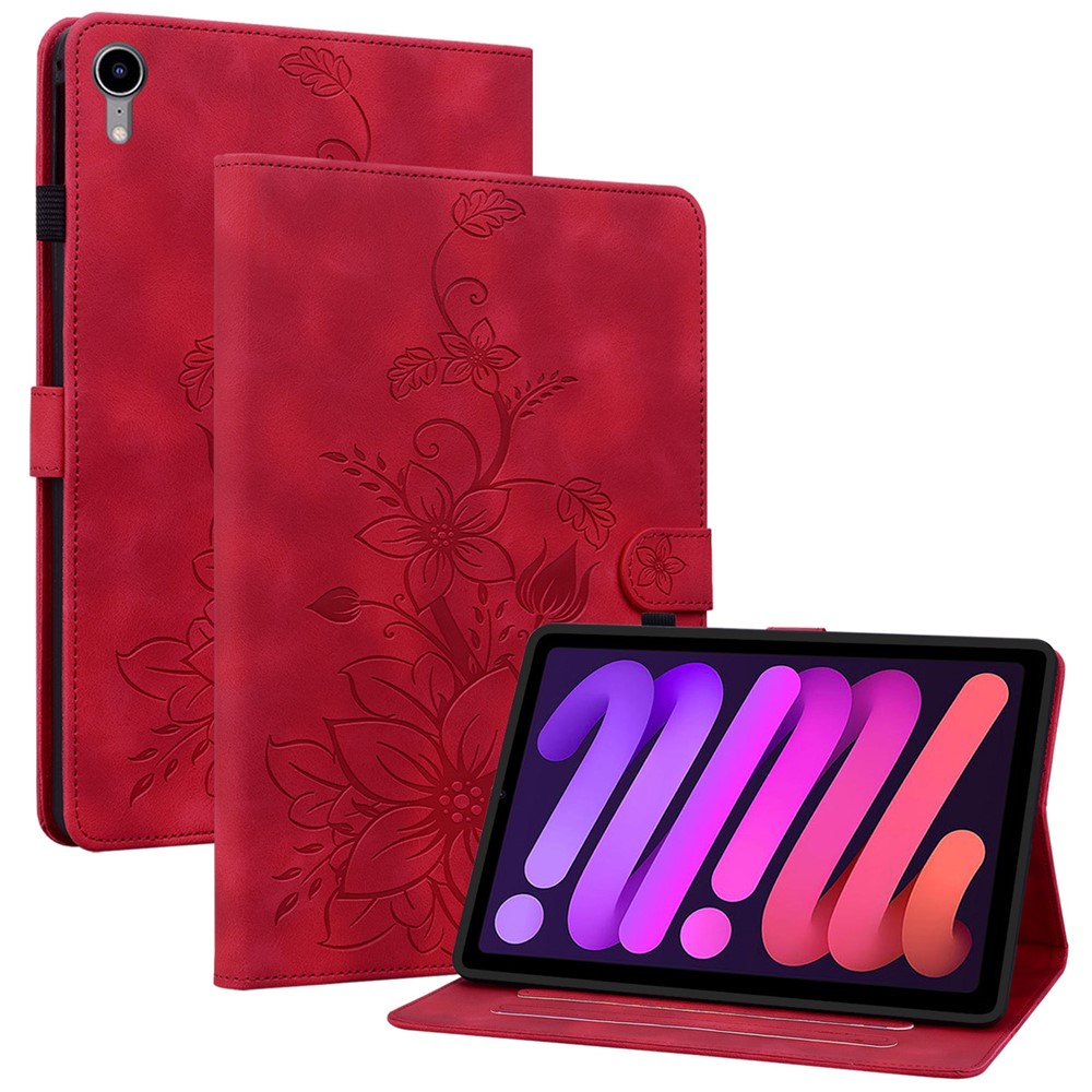 For iPad mini (2024) / mini (2021) Case Lily Flower Design PU Leather Stand Tablet Cover - Red