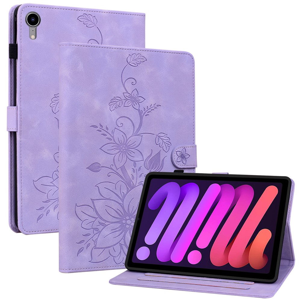 For iPad mini (2024) / mini (2021) Case Lily Flower Design PU Leather Stand Tablet Cover - Purple