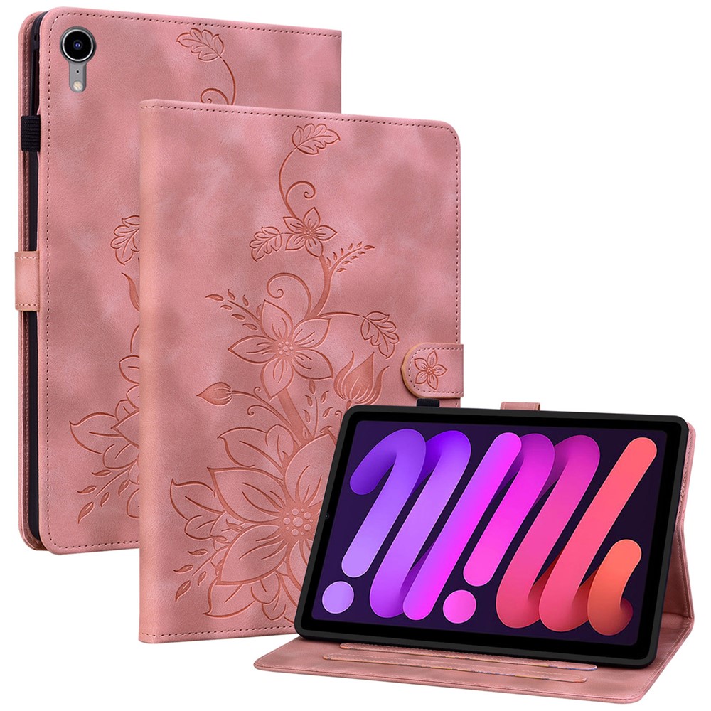 For iPad mini (2024) / mini (2021) Case Lily Flower Design PU Leather Stand Tablet Cover - Pink