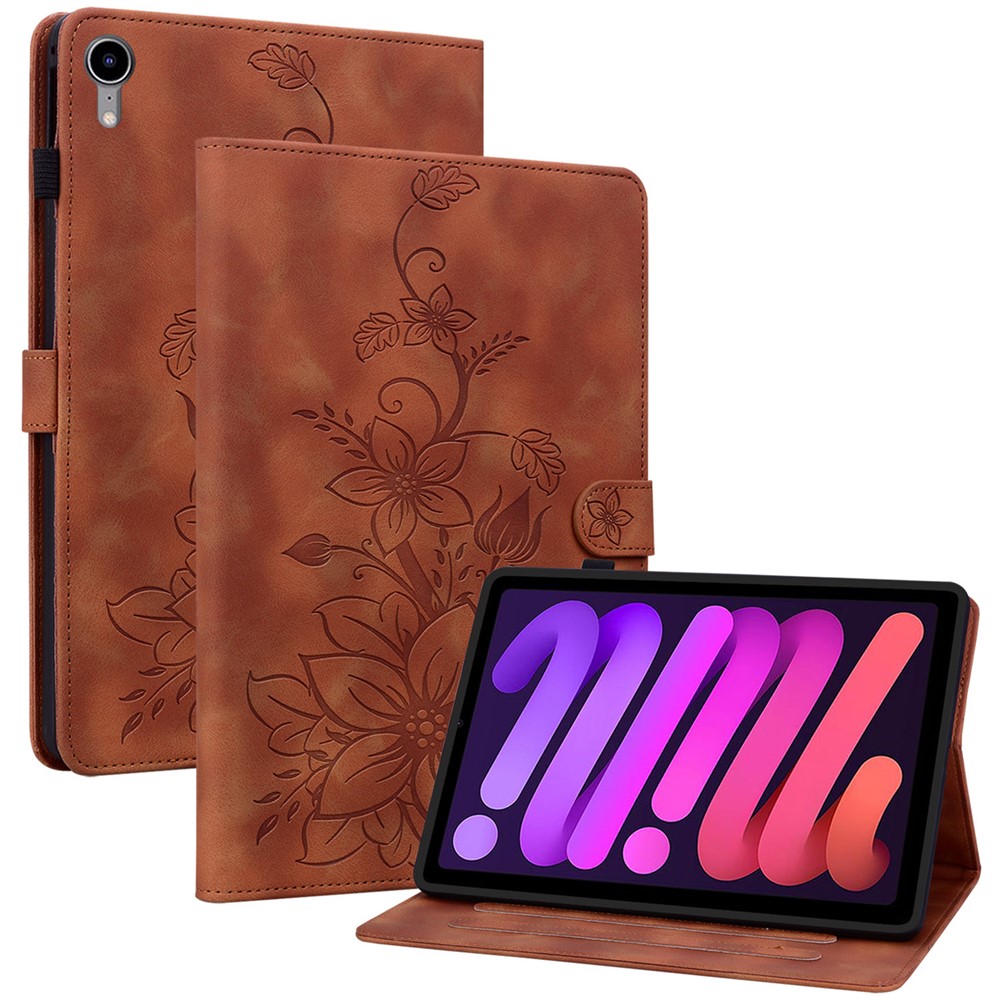 For iPad mini (2024) / mini (2021) Case Lily Flower Design PU Leather Stand Tablet Cover - Brown