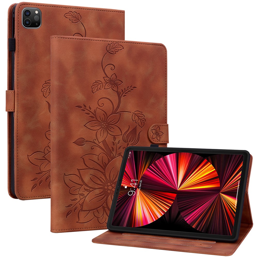For iPad Pro 12.9 (2020) / (2021) / (2022) Tablet Case Shockproof Flower Imprint PU Leather Flip Cover - Brown