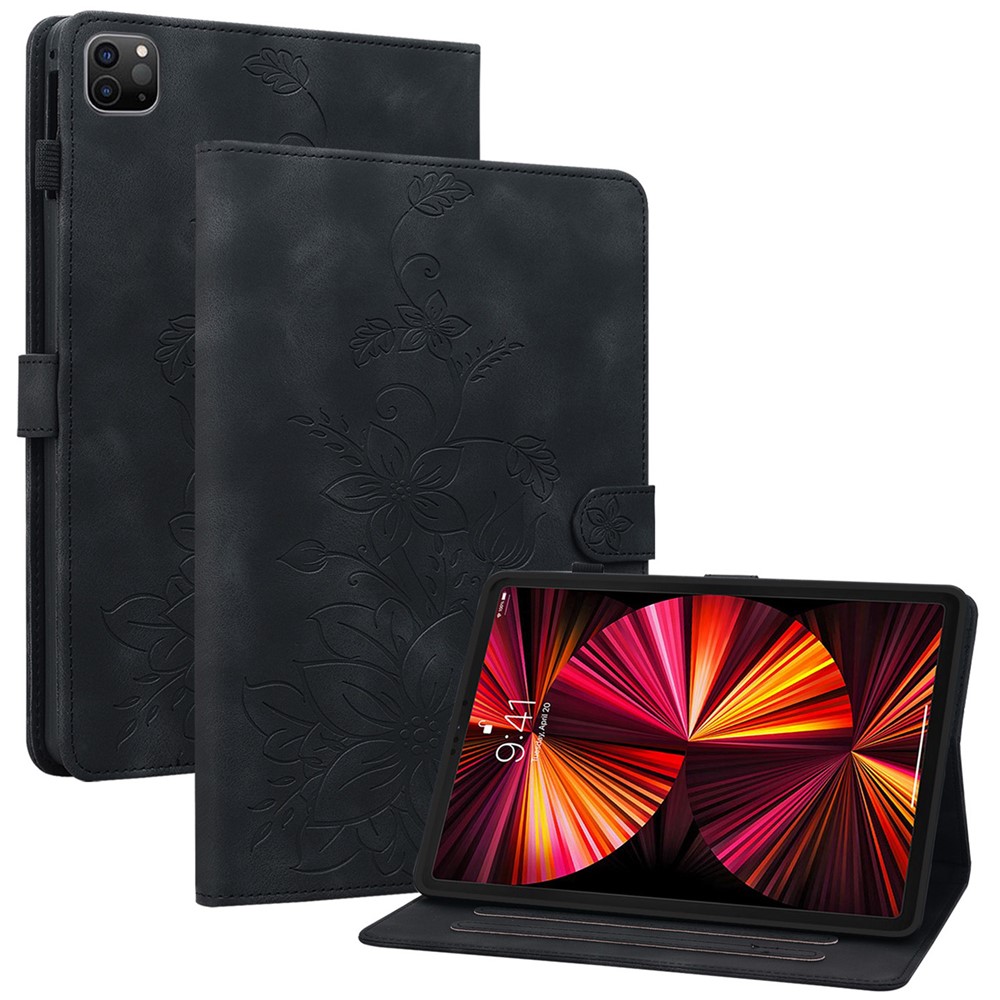 For iPad Pro 12.9 (2020) / (2021) / (2022) Tablet Case Shockproof Flower Imprint PU Leather Flip Cover - Black