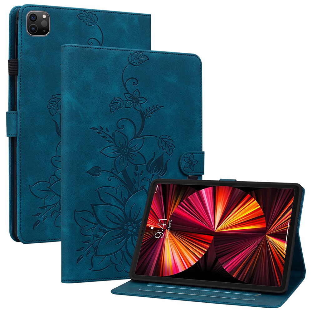 For iPad Pro 12.9 (2020) / (2021) / (2022) Tablet Case Shockproof Flower Imprint PU Leather Flip Cover - Blue