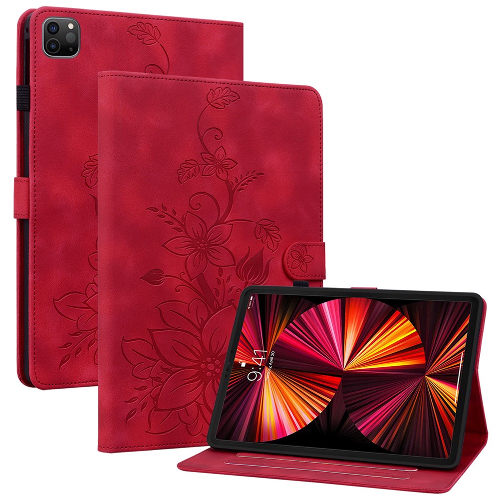 For iPad Pro 12.9 (2020) / (2021) / (2022) Tablet Case Shockproof Flower Imprint PU Leather Flip Cover - Red