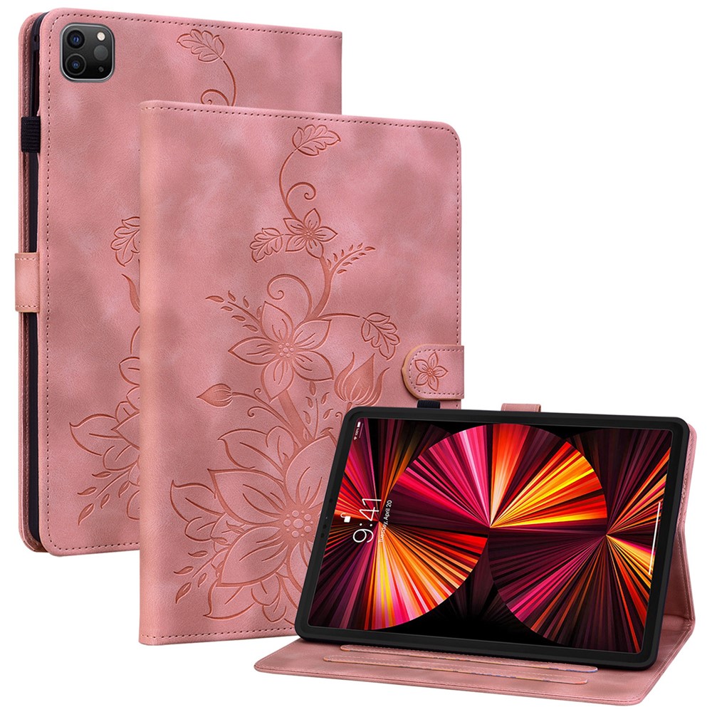 For iPad Pro 12.9 (2020) / (2021) / (2022) Tablet Case Shockproof Flower Imprint PU Leather Flip Cover - Pink