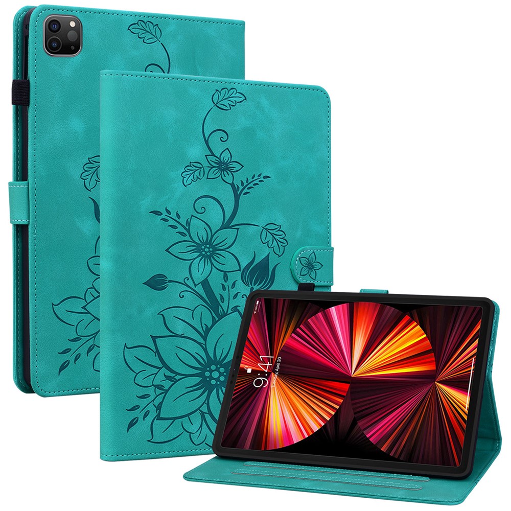 For iPad Pro 12.9 (2020) / (2021) / (2022) Tablet Case Shockproof Flower Imprint PU Leather Flip Cover - Green