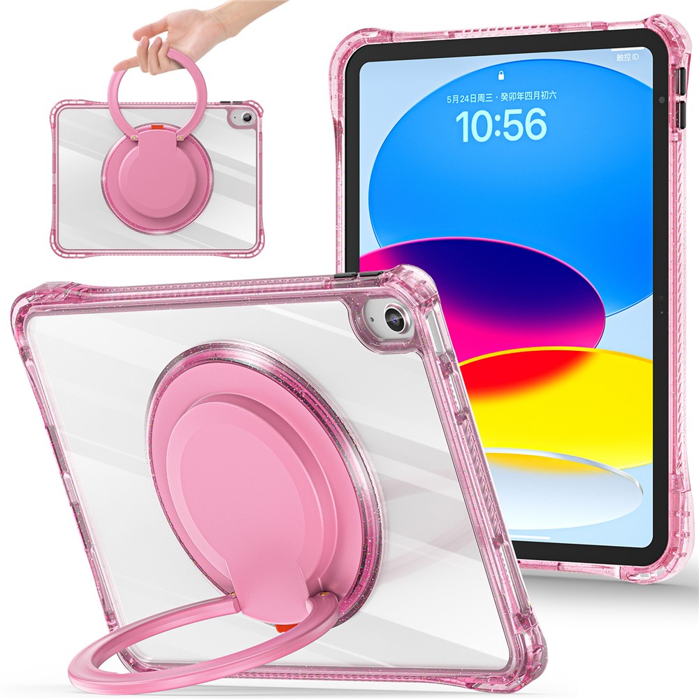 For iPad (2025) / 10.9 (2022) Case Rotating Handle Grip TPU+PC Clear Tablet Cover - Rose