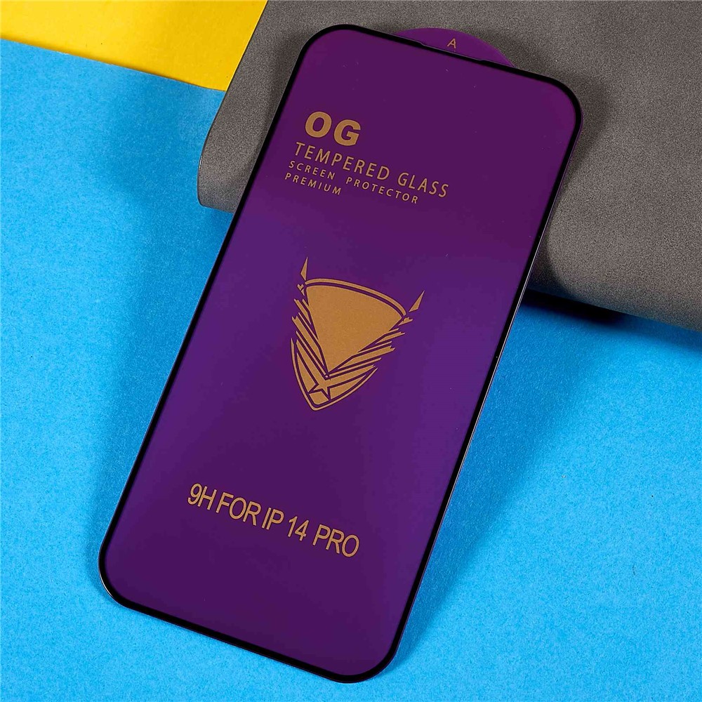 For iPhone 14 Pro 6.1 inch Purple Back Plate 9H Full Covering Silk Printing Full Glue Tempered Glass Screen Protector-3