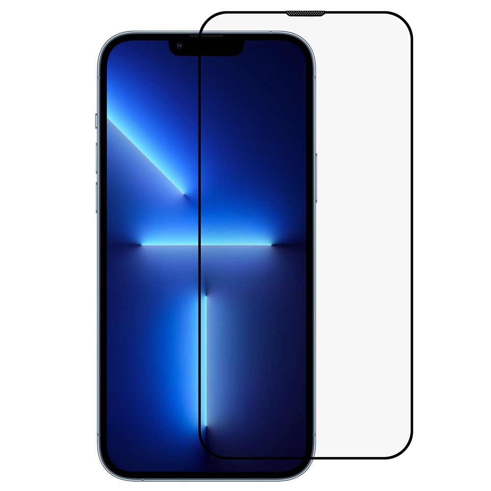 For iPhone 13 6.1 inch / 13 Pro 6.1 inch Ultra Clear Full Screen Protector Silk Printing Edge Anti-static High Aluminum-silicon Glass Film with Dust-proof Net-1