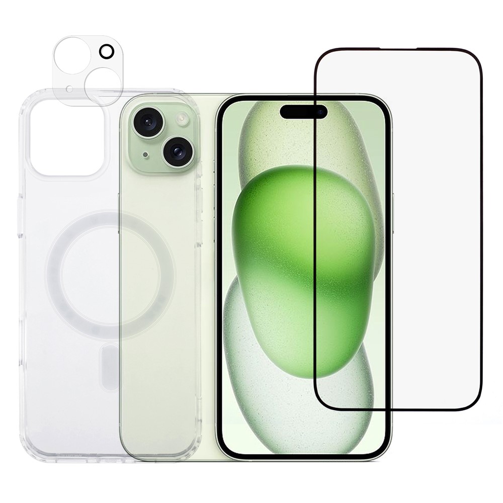 For iPhone 15 TPU+Acrylic Phone Case with Silk Printing Tempered Glass Screen Film+Clear Lens Film
