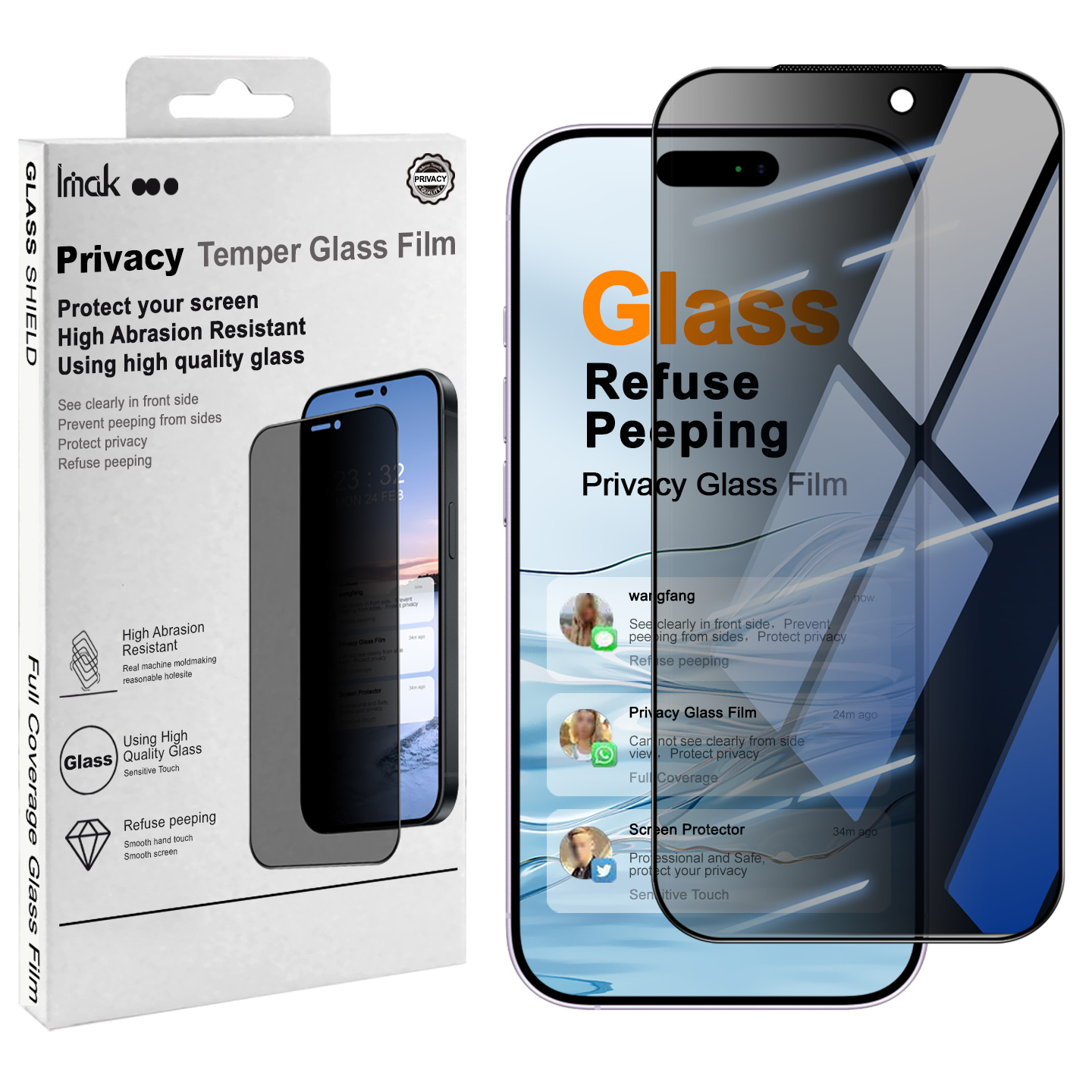IMAK for iPhone 18 Pro / iPhone 18 Anti Peep Tempered Glass Screen Protector Full Coverage - Black