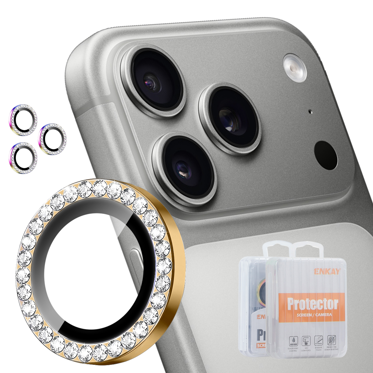 HAT PRINCE for iPhone 18 Pro / iPhone 18 Pro Max Camera Lens Protector ENKAY  Rhinestone Decor Rear Lens Film - Golden