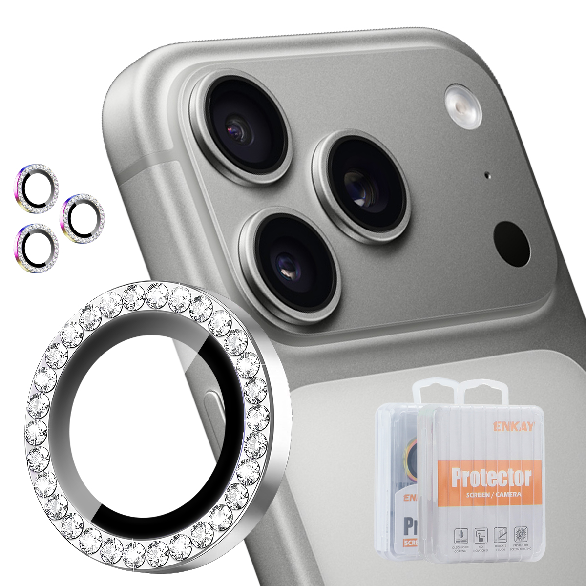 HAT PRINCE for iPhone 18 Pro / iPhone 18 Pro Max Camera Lens Protector ENKAY  Rhinestone Decor Rear Lens Film - Silver