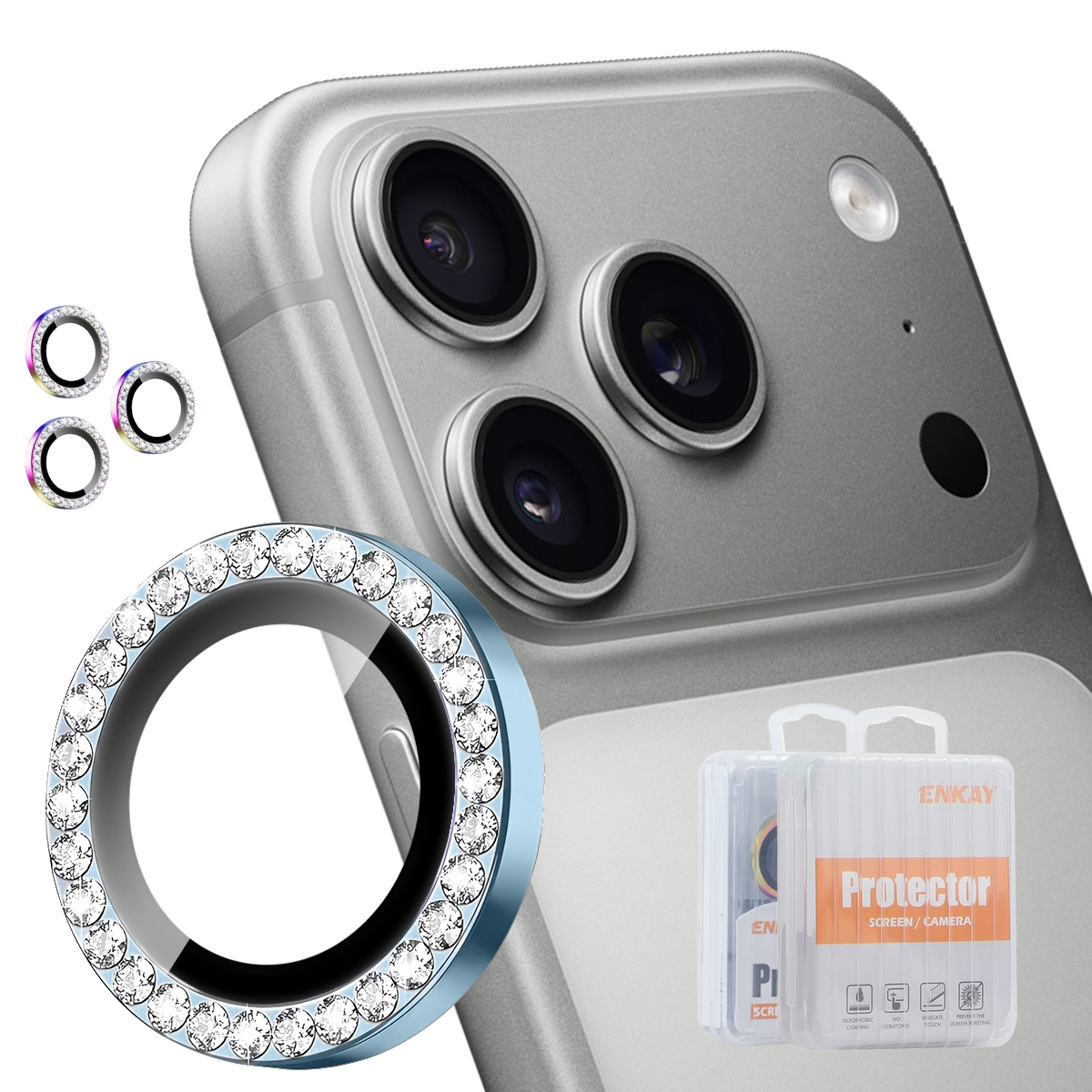 HAT PRINCE for iPhone 18 Pro / iPhone 18 Pro Max Camera Lens Protector ENKAY Rhinestone Decor Rear Lens Film - Sierra Blue