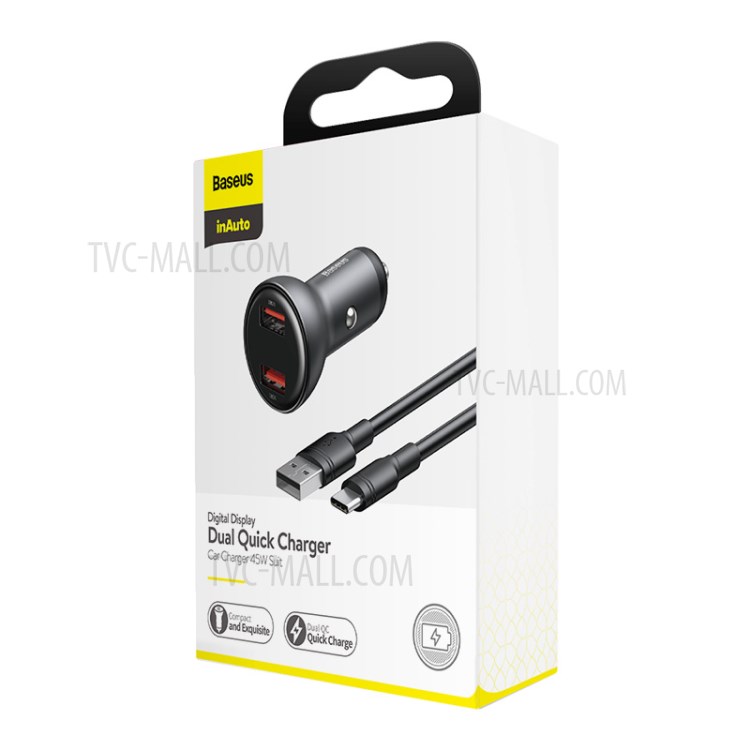BASEUS Chargeur De Voiture D'affichage Double SCP Chargeur Rapide Numérique U + U 45W Avec Un Câble USB De Type C - Gris-12
