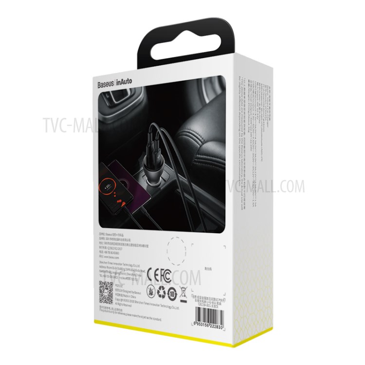 BASEUS Chargeur De Voiture D'affichage Double SCP Chargeur Rapide Numérique U + U 45W Avec Un Câble USB De Type C - Gris-13