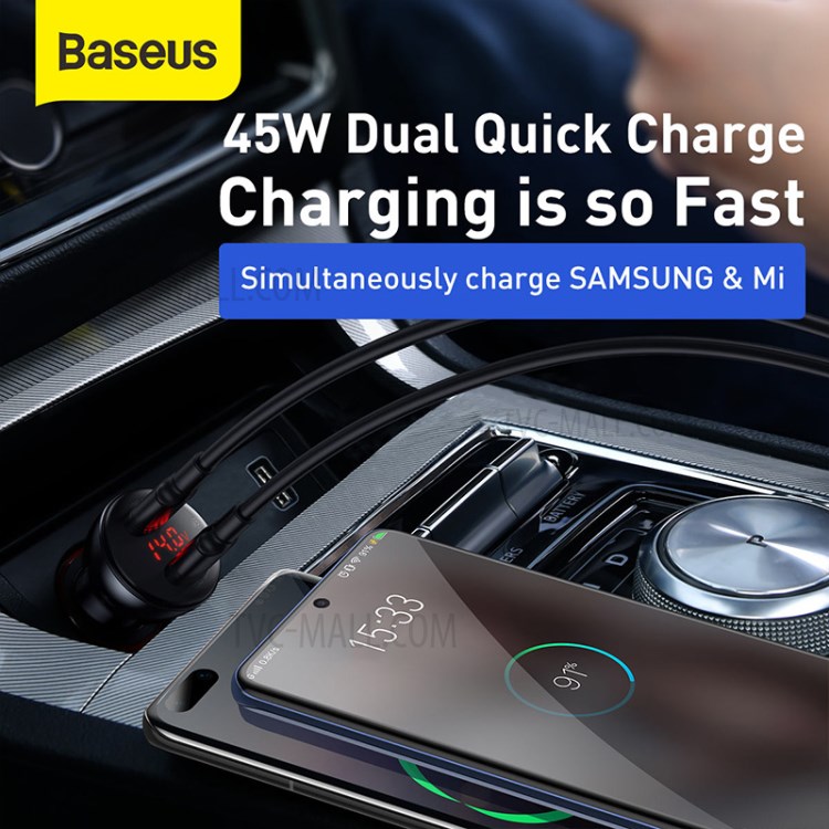BASEUS Chargeur De Voiture D'affichage Double SCP Chargeur Rapide Numérique U + U 45W Avec Un Câble USB De Type C - Gris-2