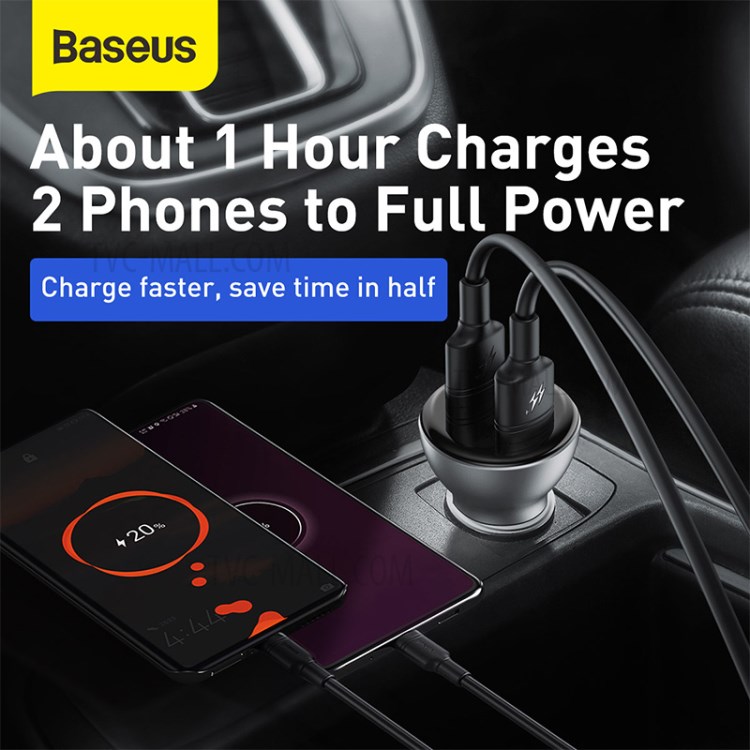 BASEUS Chargeur De Voiture D'affichage Double SCP Chargeur Rapide Numérique U + U 45W Avec Un Câble USB De Type C - Gris-3