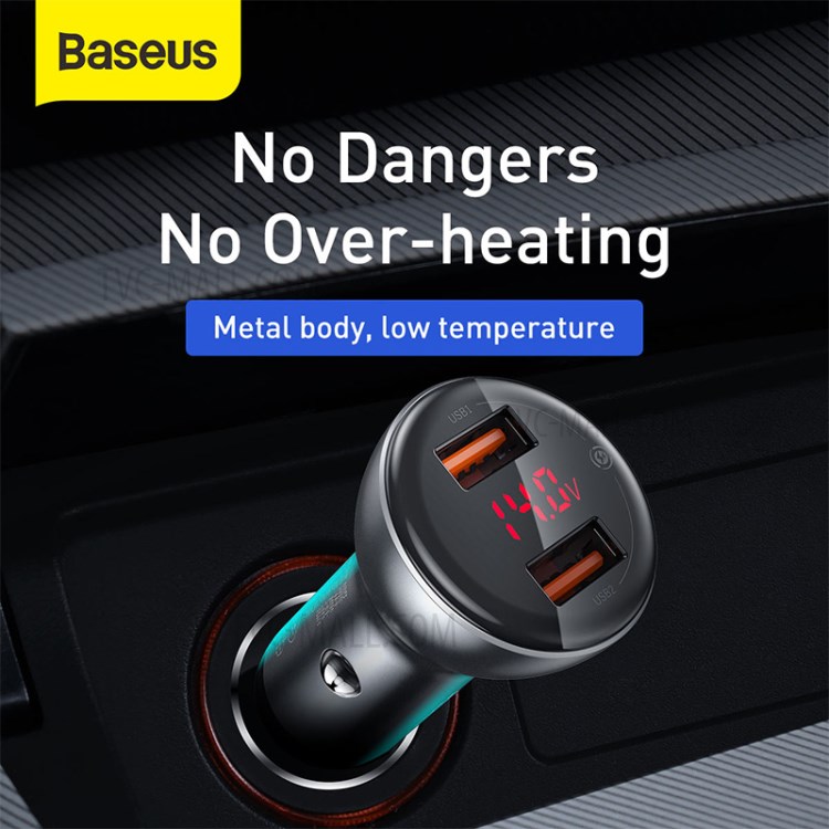 BASEUS Chargeur De Voiture D'affichage Double SCP Chargeur Rapide Numérique U + U 45W Avec Un Câble USB De Type C - Gris-5