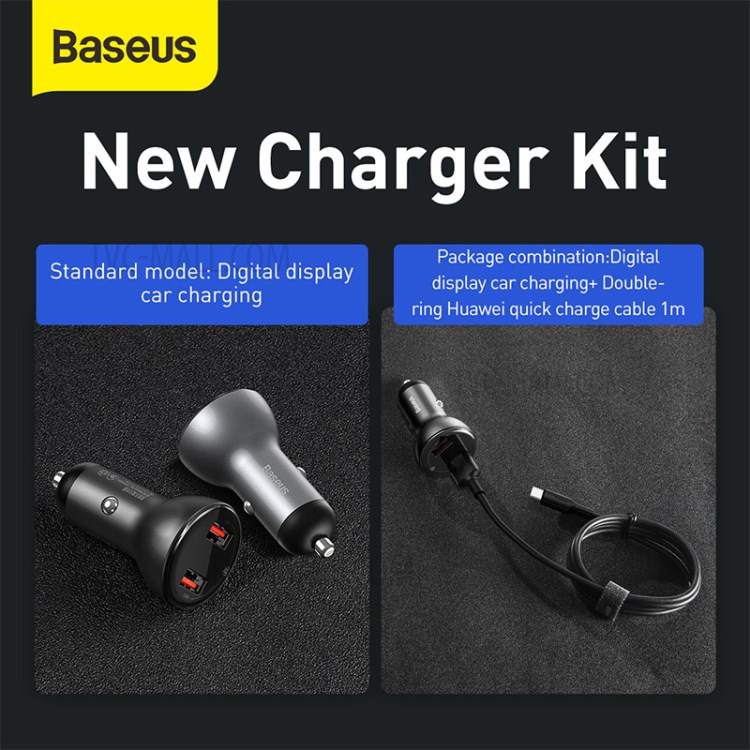 BASEUS Chargeur De Voiture D'affichage Double SCP Chargeur Rapide Numérique U + U 45W Avec Un Câble USB De Type C - Gris-6
