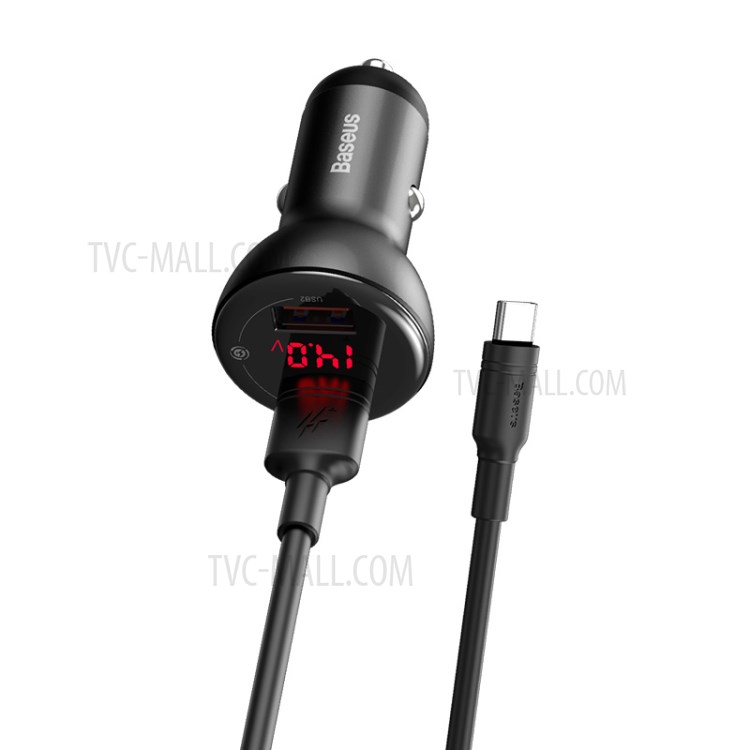 BASEUS Chargeur De Voiture D'affichage Double SCP Chargeur Rapide Numérique U + U 45W Avec Un Câble USB De Type C - Gris-9