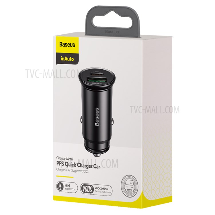 BASEUS Circular Metal PPS Chargeur de Téléphone Rapide Chargeur de Voiture 30W (support VOOC) - le Noir