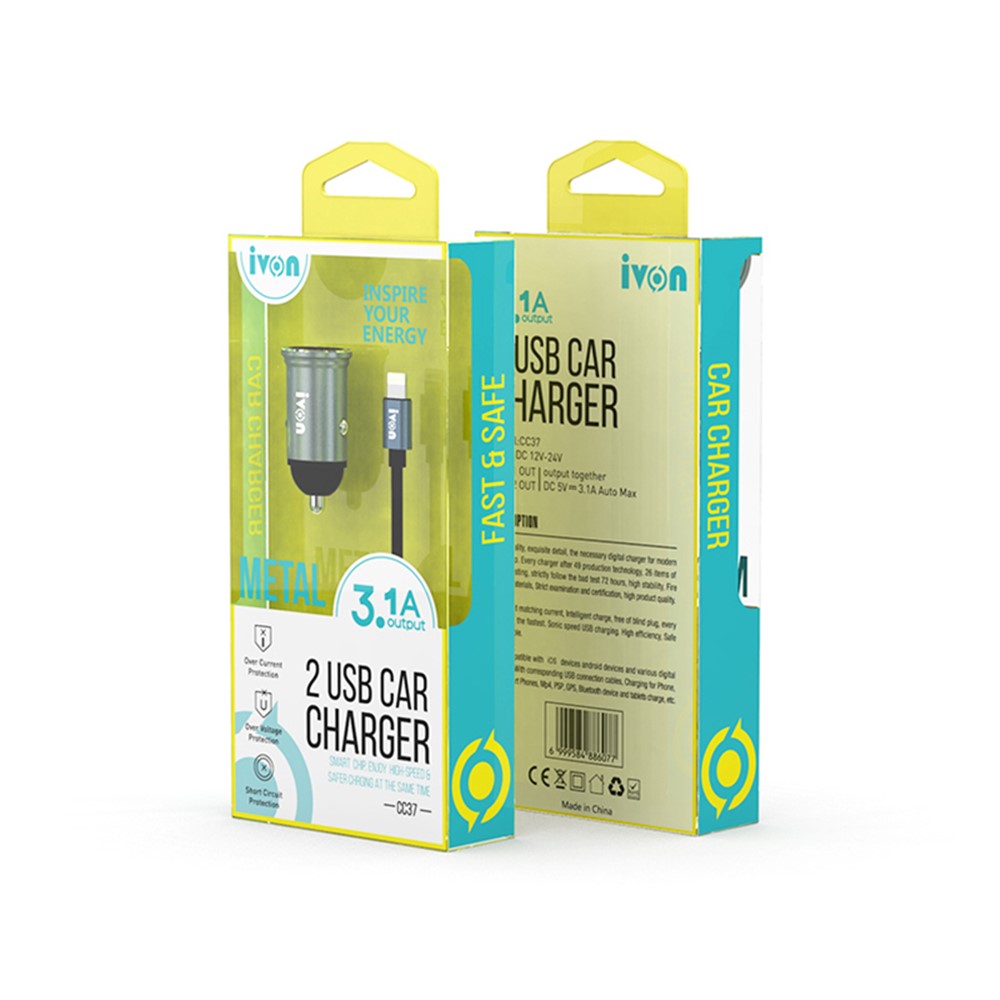 IVON CC37 3.1A Dual USB Fast Charging Car Charger with Cable for iOS Android-9