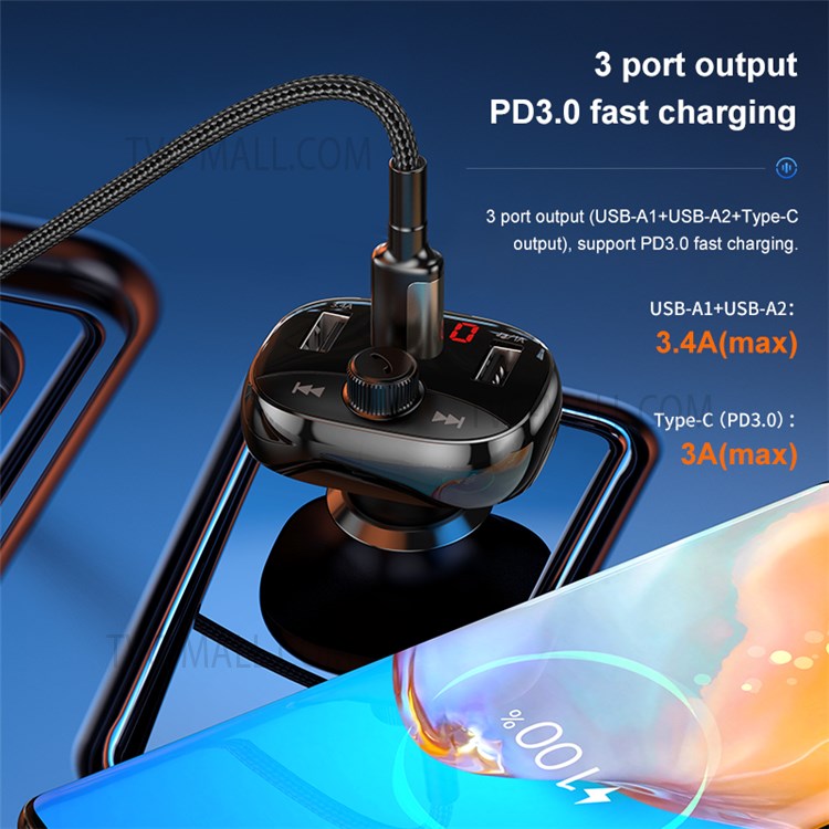 KUULAA KL-CD44 Dual USB Type-C PD 20W Car Charger FM Bluetooth MP3 Music Player Phone Fast Charging Adapter-10