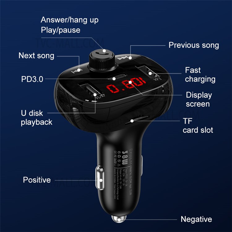 KUULAA KL-CD44 Dual USB Type-C PD 20W Car Charger FM Bluetooth MP3 Music Player Phone Fast Charging Adapter-12