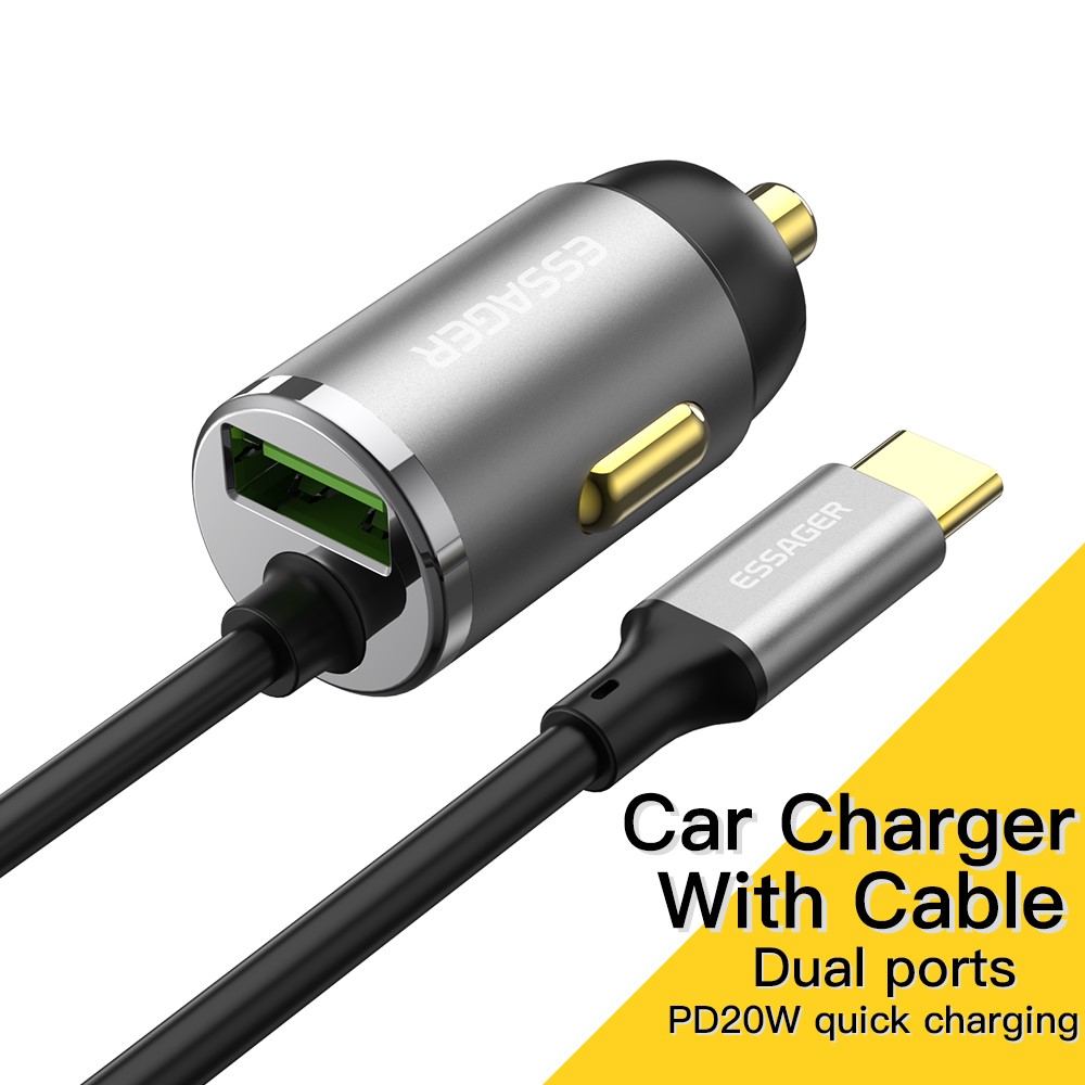 ESSAGER TypeC+USBA Mini Car Charger with Cable Aluminum Alloy PD 20W