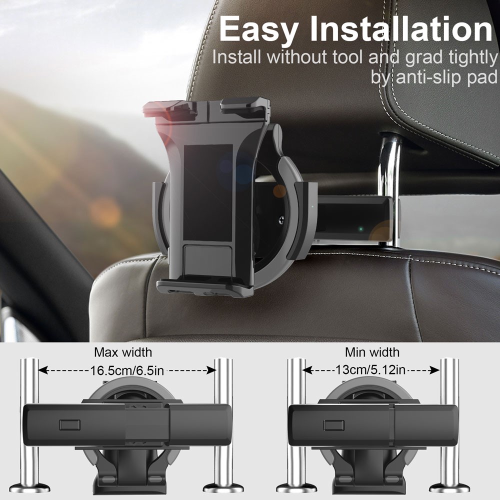 PB-47C Universal Car Tablet Holder Headrest Mount for 5" - 12.9" Phones Tablets, 360 Degree Rotating Stand-3