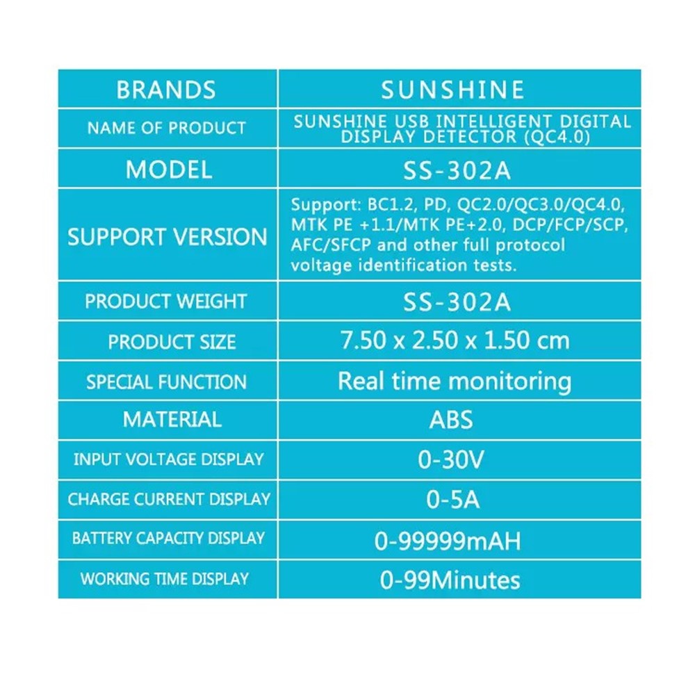SUNSHINE SS-302A USB Intelligent Digital Display Detector (QC4.0)-8