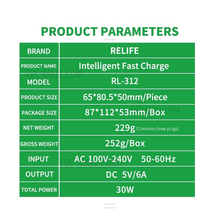 Relife RL-312 Display Digital Inteligente Carregador Rápido - Plugue AU-11