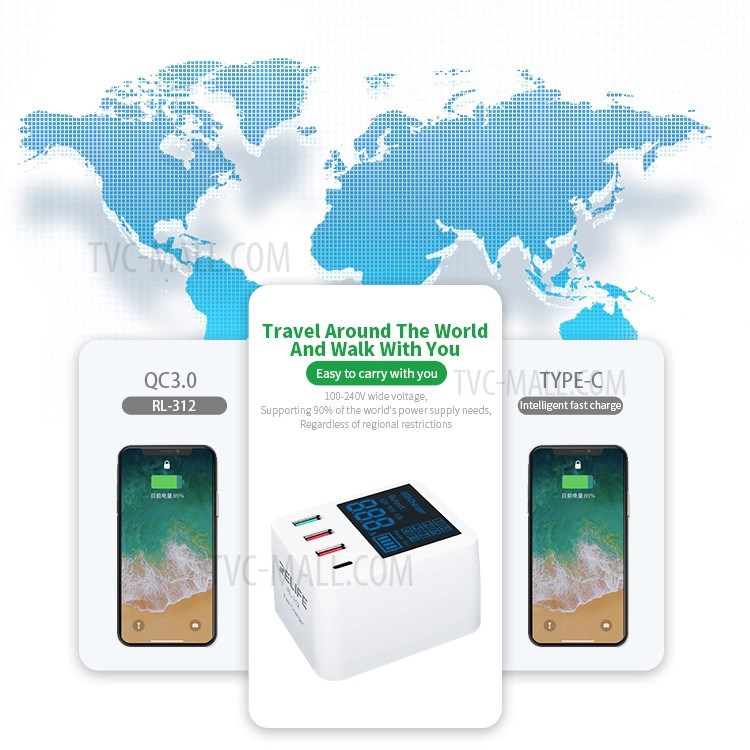 Relife RL-312 Display Digital Inteligente Carregador Rápido - Plugue AU-3