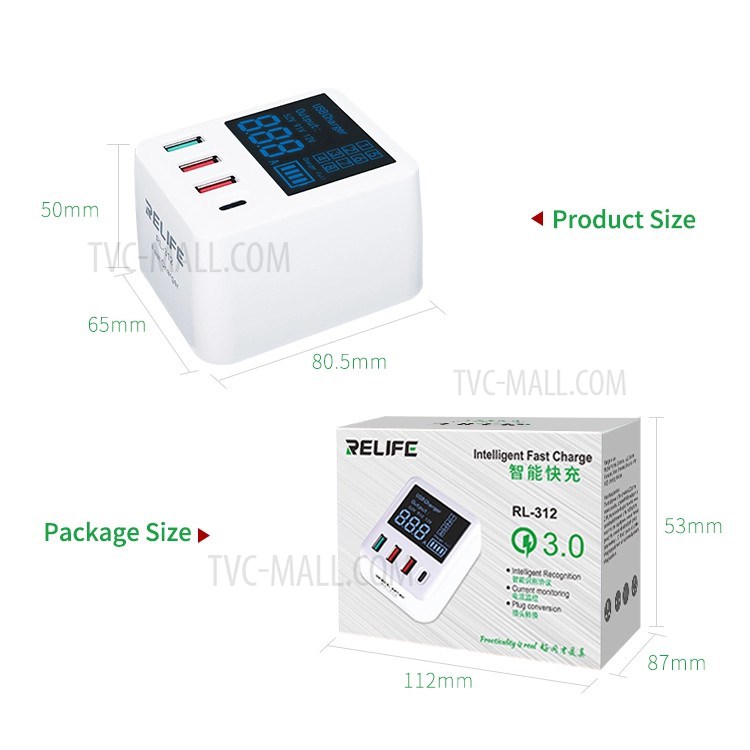 Relife RL-312 Display Digital Inteligente Carregador Rápido - Plugue AU-5